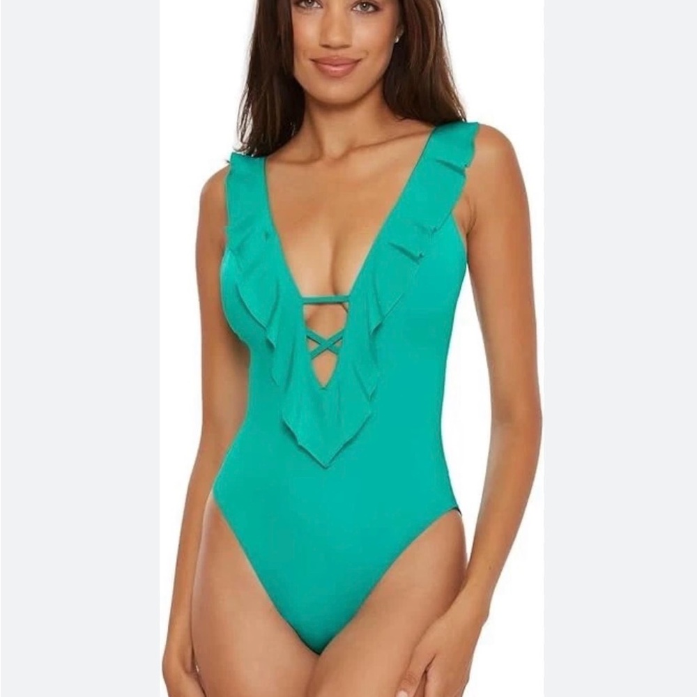 Becca Ruffled Deep V One-Piece Swimsuit